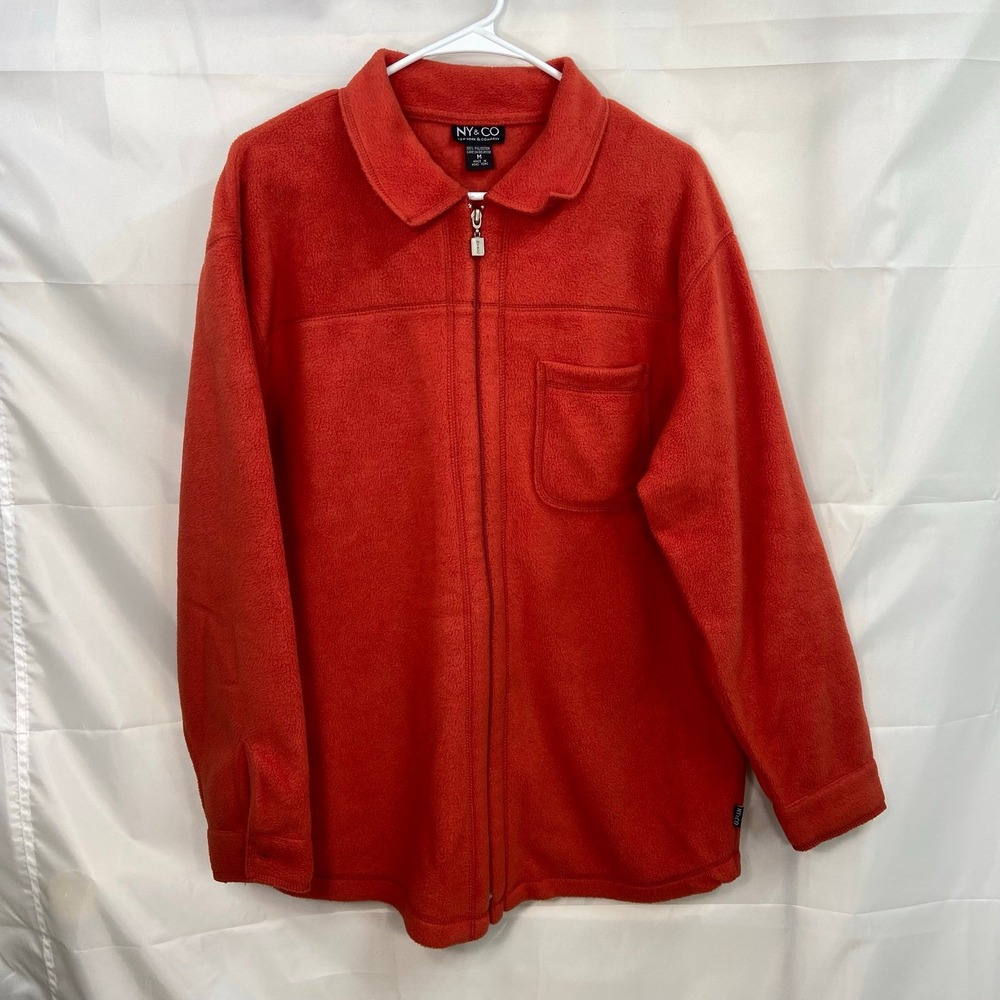 Vintage New York & Company orange fleece zip collared pocket jacket winter M‎